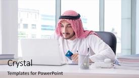  Presentation with arab - Presentation theme having finance islamique - arab businessman working background and a light gray colored foreground