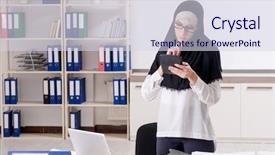  Presentation with hijab - PPT theme having finance islamique - female employee in hijab working background and a sky blue colored foreground