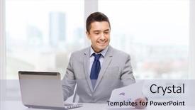  Presentation with paperwork - Audience pleasing PPT layouts consisting of finance manager - business people paperwork and technology backdrop and a light blue colored foreground
