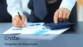  Presentation with retirement calculator - Slides featuring finance manager - businessman using calculator in office background and a teal colored foreground