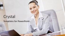  Presentation with laptop - Presentation design featuring finance manager - portrait of businesswoman with laptop background and a  colored foreground