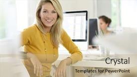  Presentation with aged - PPT theme consisting of finance manager - portrait of middle-aged blond woman background and a coral colored foreground