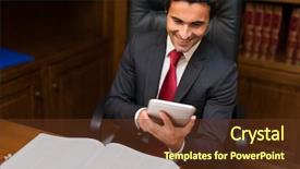  Presentation with business environment using laptops globe - PPT theme with finance manager - senior business man using background and a tawny brown colored foreground