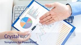  Presentation with social business people network - Colorful slide set enhanced with finance market - business people discussing backdrop and a sky blue colored foreground