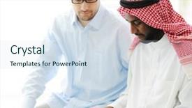 Presentation with black men - Amazing PPT layouts having finance middle east - arabic black and caucasian men backdrop and a  colored foreground