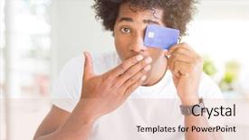  Presentation with african american collaboration - Colorful PPT theme enhanced with finance mystery - african american man holding credit backdrop and a  colored foreground