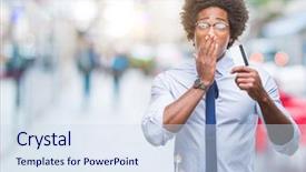  Presentation with woman covering man mouth hand - Slides with finance mystery - afro american man holding credit background and a  colored foreground