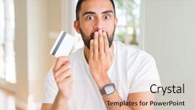  Presentation with woman covering man mouth hand - Presentation theme with finance mystery - handsome hispanic man holding credit background and a  colored foreground