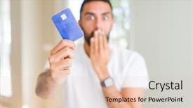  Presentation with mystery - PPT layouts enhanced with finance mystery - handsome hispanic man holding credit background and a lemonade colored foreground