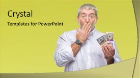  Presentation with woman covering man mouth hand - Theme having finance mystery - handsome senior man holding bunch background and a  colored foreground
