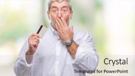  Presentation with credit card - Colorful slide set enhanced with finance mystery - handsome senior man holding credit backdrop and a lemonade colored foreground