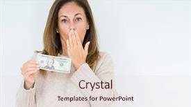  Presentation with woman covering man mouth hand - Beautiful slides featuring finance mystery - middle age woman holding 20 backdrop and a lemonade colored foreground