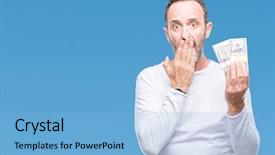  Presentation with shame - Cool new slides with finance mystery - senior hoary man holding buch backdrop and a  colored foreground