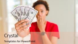  Presentation with ophthalmoscope african american models - Slide deck with finance mystery - young african american woman holding background and a  colored foreground