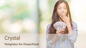  Presentation with asian - Presentation theme enhanced with finance mystery - young asian woman holding dollars background and a  colored foreground