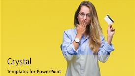  Presentation with credit card - Theme featuring finance mystery - young beautiful blonde woman holding background and a yellow colored foreground