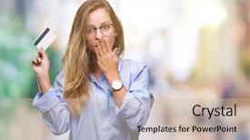  Presentation with mystery - Theme with finance mystery - young beautiful blonde woman holding background and a  colored foreground