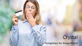  Presentation with business card - Beautiful PPT theme featuring finance mystery - young beautiful business woman holding backdrop and a light blue colored foreground