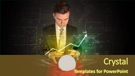  Presentation with magic ball - Cool new slide set with finance mystery - young businessman making predictions backdrop and a tawny brown colored foreground