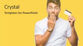  Presentation with woman covering man mouth hand - Audience pleasing PPT theme consisting of finance mystery - young handsome man holding credit backdrop and a yellow colored foreground