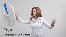 Presentation with pie chart - Amazing presentation design having finance plot - woman shows a pie chart backdrop and a light gray colored foreground