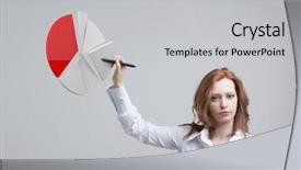  Presentation with pie chart - Slide set having finance plot - woman shows a pie chart background and a light gray colored foreground
