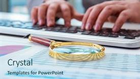  Presentation with professional - Slide set consisting of finance professional working on keyboard background and a  colored foreground