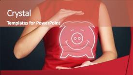  Presentation with cartoon kids holding hands - Amazing PPT layouts having finance red grey - female hands holding virtual piggy backdrop and a coral colored foreground