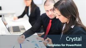  Presentation with work - Presentation theme enhanced with finance strategy - detail of people at work background and a ocean colored foreground