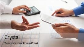  Presentation with business plan - Theme with finance strategy - people discussing a business plan background and a light gray colored foreground