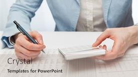  Presentation with financial accounting - Colorful presentation design enhanced with financial accounting business woman using calculator in office backdrop and a coral colored foreground