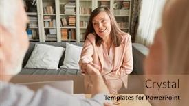  Presentation with seniors - Presentation theme having financial-advisers-and-seniors-shaking background and a coral colored foreground