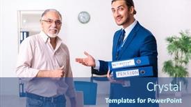  Presentation with old man - Slide set enhanced with financial-advisor-giving-retirement-advice background and a ocean colored foreground