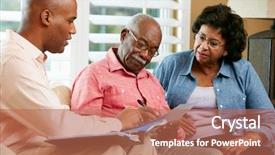  Presentation with advisor to senior clients - Slide deck having financial advisor talking to senior background and a coral colored foreground