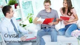  Presentation with meeting family - PPT theme with financial agent holding a meeting background and a light blue colored foreground