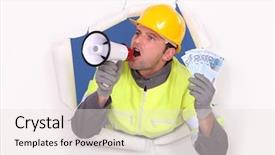  Presentation with money construction - Amazing presentation theme having financial awareness - construction worker with megaphone backdrop and a  colored foreground