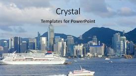  Presentation with financial center - Colorful theme enhanced with financial center - hong kong harbour backdrop and a light blue colored foreground