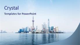  Presentation with financial center - Beautiful presentation theme featuring financial center - mist in sunset time shanghai backdrop and a sky blue colored foreground