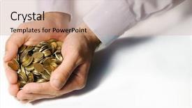  Presentation with hand world hands of jesus - Theme featuring financial contribution - coins in cupped hands isolated background and a coral colored foreground