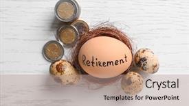  Presentation with retirement planning - Audience pleasing slide set consisting of financial contribution - egg with word retirement backdrop and a coral colored foreground