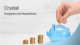  Presentation with financial planning - PPT theme with financial contribution - woman putting coin into piggy background and a white colored foreground