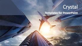  Presentation with business travel - Presentation theme consisting of financial corporate aviation - commercial airplane flying above skyscrapers background and a ocean colored foreground
