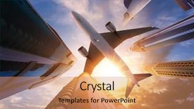  Presentation with business travel - Beautiful slide set featuring financial corporate aviation - commercial airplane flying above skyscrapers backdrop and a coral colored foreground