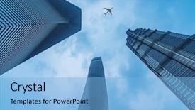  Presentation with aviation - Audience pleasing PPT layouts consisting of financial corporate aviation - plane flying over the skyscrapers backdrop and a light blue colored foreground