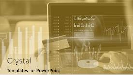  Presentation with global laptop - Colorful presentation enhanced with financial-data-processing-over-woman backdrop and a yellow colored foreground