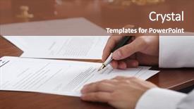  Presentation with public document - Slides with financial documents - notary public in office signing background and a tawny brown colored foreground