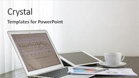  Presentation with pen laptop coffee cup clips - Slide deck having financial documents on wood background and a white colored foreground