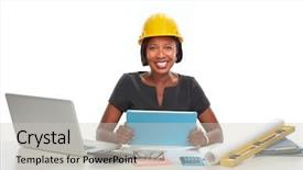  Presentation with african american in computer lab business - Slides with financial engineering - african-american business woman background and a  colored foreground