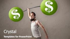  Presentation with lifting weights - PPT theme having financial fitness - funny skinny guy lifting green background and a gray colored foreground