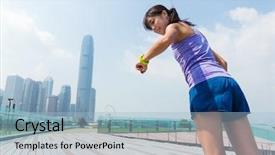  Presentation with wearable - Colorful presentation enhanced with financial fitness - sporty woman looking backdrop and a  colored foreground